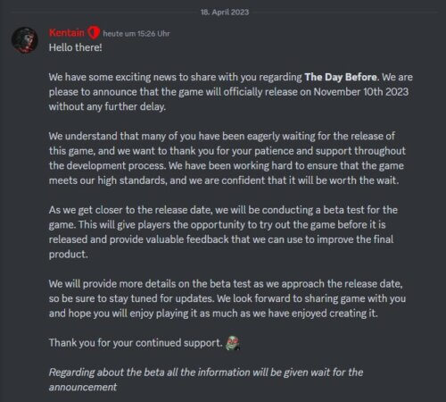The Day Before - Discord Ankündigung